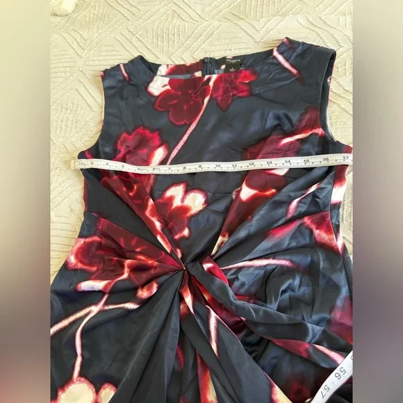 Ann Taylor Black Sleeveless Midi Dress with Burgundy Floral Print and Tie-Waist - Picture 7 of 9